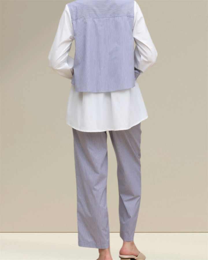 Saara Nursing Top and Co-ord Set, a thoughtfully designed breastfeeding outfit that combines practicality with effortless style. This ensemble features a comfortable nursing top and trousers in timeless blue with white stripes, ideal for casual and semi-formal occasions. 