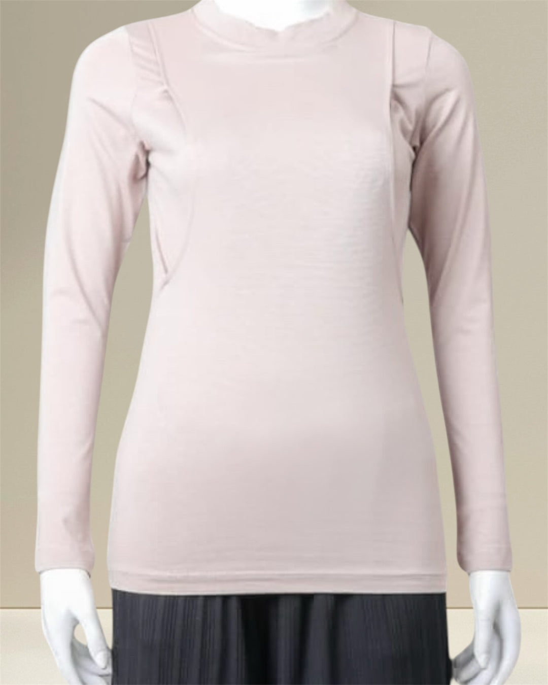 Breastfeeding Amal Top  Light pink  - Nursing Top designed for breastfeeding mums, features long sleeves and a loose, flowing silhouette for comfort and modesty. Made from a soft, stretchy blend of rayon and lycra, the top offers easy breastfeeding access for discreet nursing. Its neutral khaki color adds elegance, making it a versatile wardrobe staple for postpartum and maternity fashion. Ideal for all-day wear, this top combines practicality with a timeless, sophisticated look.