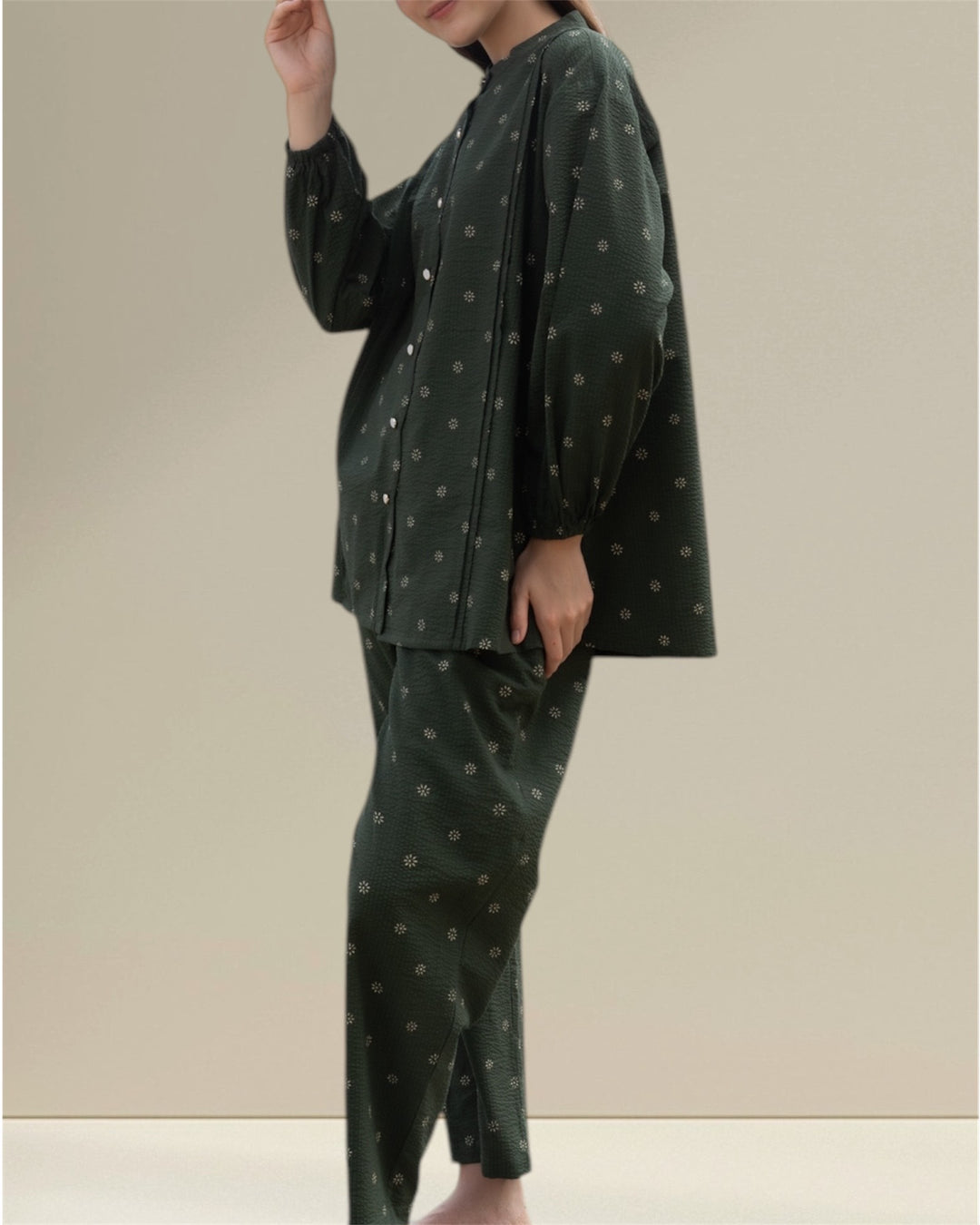 Khadijah Nursing Top and Maternity Co-ord Set in a beautiful green shade, designed for modern moms seeking modesty and comfort. This two-piece set includes a matching nursing top and bottom, featuring easy breastfeeding access for ultimate convenience whether at home or out. 