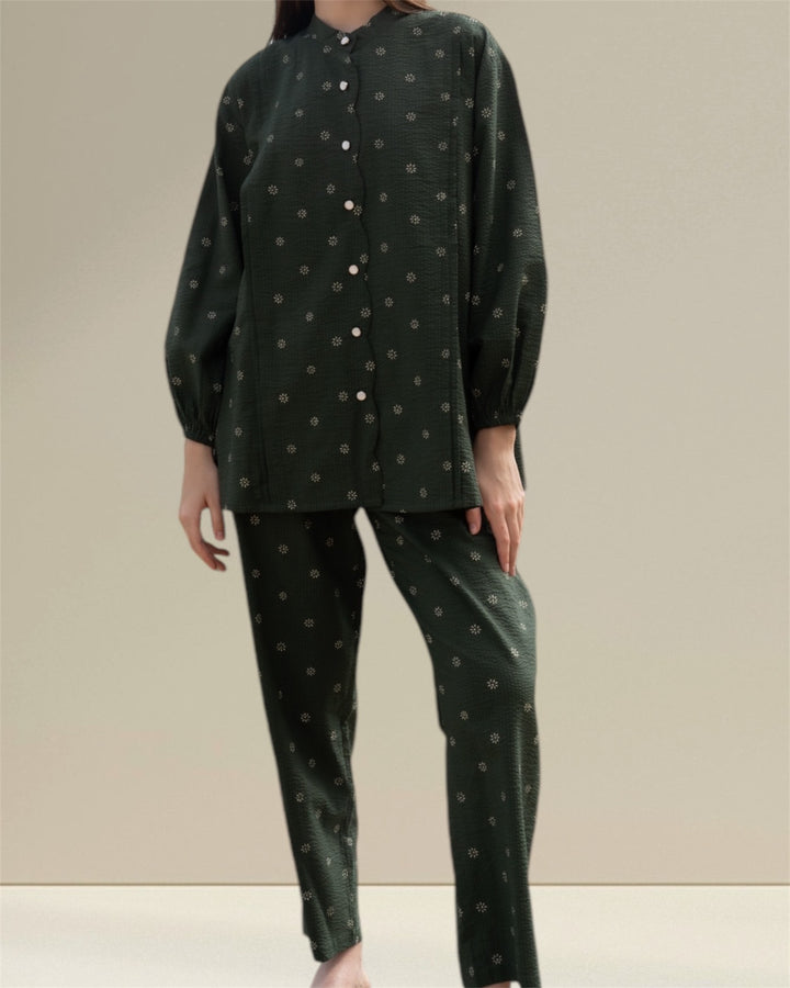 Khadijah Nursing Top and Maternity Co-ord Set in a beautiful green shade, designed for modern moms seeking modesty and comfort. This two-piece set includes a matching nursing top and bottom, featuring easy breastfeeding access for ultimate convenience whether at home or out. 