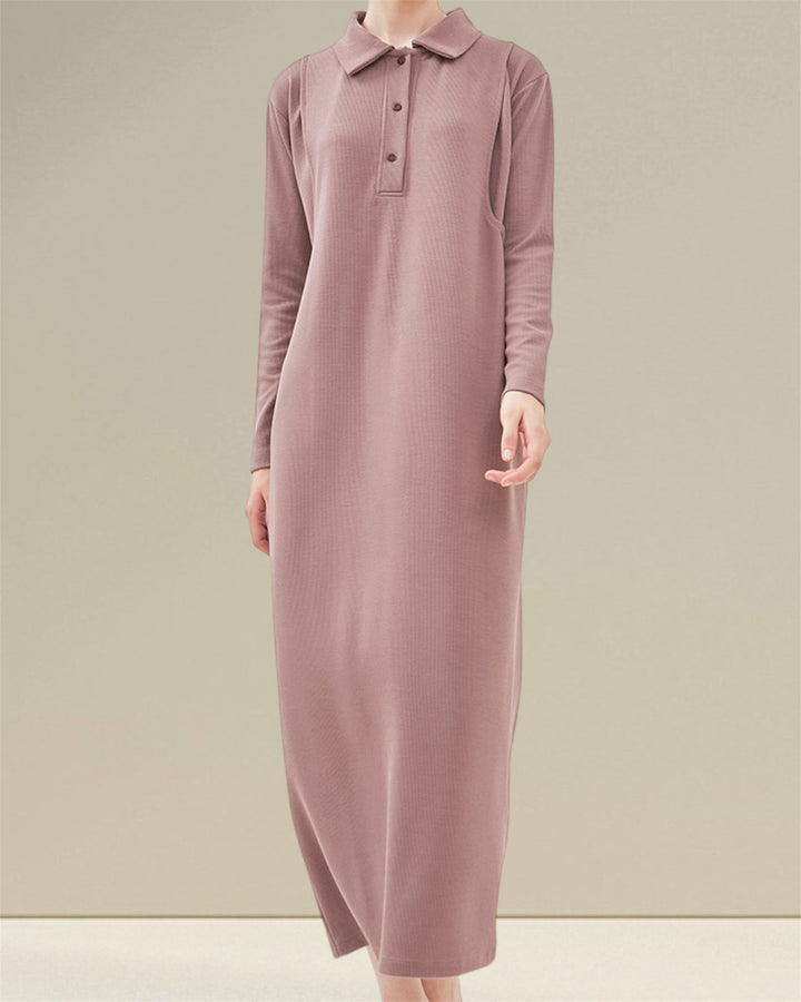 Introducing Huda Nursing Dress, made from a blend of 94% polyester and 6% spandex, featuring a stylish design with easy breastfeeding access.